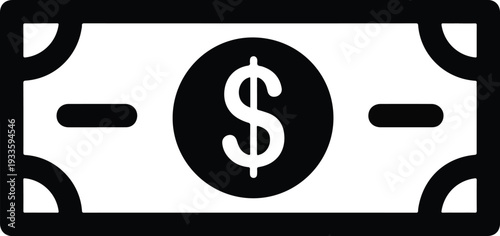 A clear and simple black and white icon representing a dollar bill with a dollar sign in the center, symbolizing money and finance