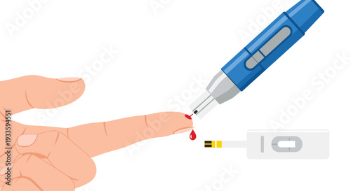 A blue lancet device is pricking a finger to produce a blood drop for a glucose test on a white background.