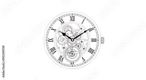 A detailed line art illustration displays the intricate internal gears and springs of a pocket watch mechanism visible through its transparent dial with Roman numerals.