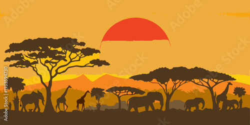 African savanna silhouette with wildlife against a vibrant sunset backdrop