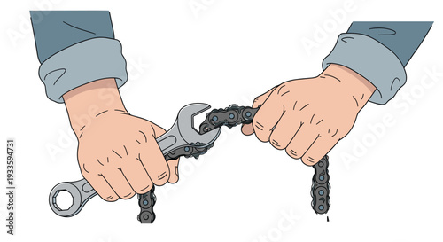 Two human hands are actively engaged in repairing or adjusting a dark metallic chain with a silver wrench, holding the links taut against a white background.