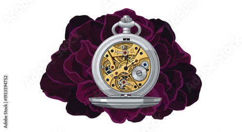 A meticulously detailed, open pocket watch with visible golden gears and ruby jewels rests prominently on a large, dark purple velvety flower against a white background.