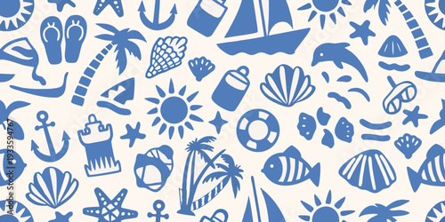 Blue nautical themed pattern with various sea life and beach elements
