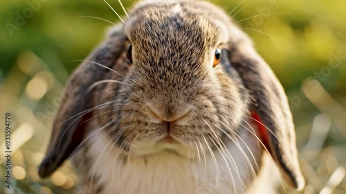 Curious rabbit in sunlit field staring into camera with gentle ears and fluffy fur