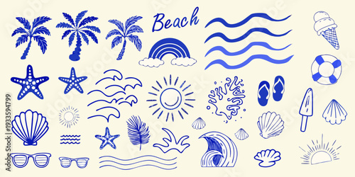 Blue beach themed doodles featuring palm trees waves and summer accessories
