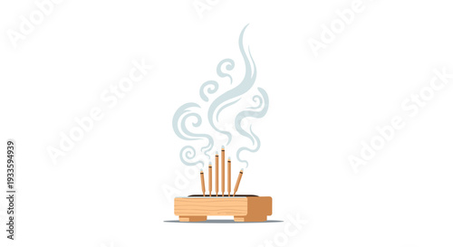 Seven light brown incense sticks are burning in a rectangular wooden holder, emitting swirling, decorative smoke patterns.