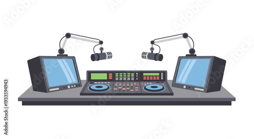 A professional radio studio setup is depicted with a central mixing console, two large monitors, and two microphones on adjustable arms, ready for broadcast.