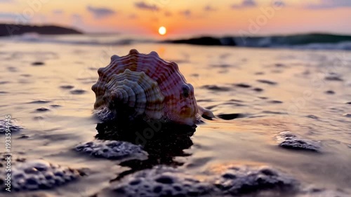 Serene seashell sunrise: waves gently embrace shell on sandy beach
