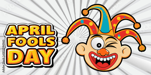 April fools day illustration with a colorful jester and dynamic rays