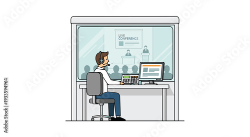 An interpreter sits in a soundproof booth with a headset, computer, and control panel, observing a live conference through a large glass window.