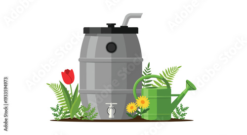 A grey plastic rain barrel with a spigot and a green watering can are placed among ferns, a red tulip, and yellow daisies in a garden.