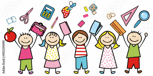 Children with school supplies and stationery items in a colorful illustration