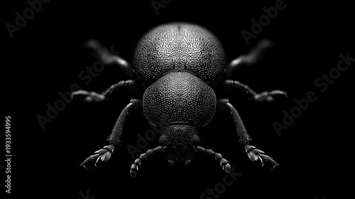 Black and White Macro Image of a Intricate Beetle with Detailed Texture and Features Against a Dark Background for Nature or Science Projects