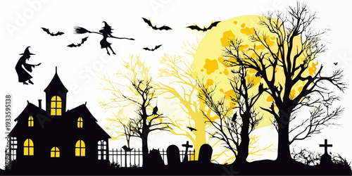 A spooky halloween scene with witches bats and a haunted castle