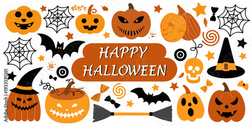 A colorful halloween illustration featuring pumpkins bats and spiderwebs