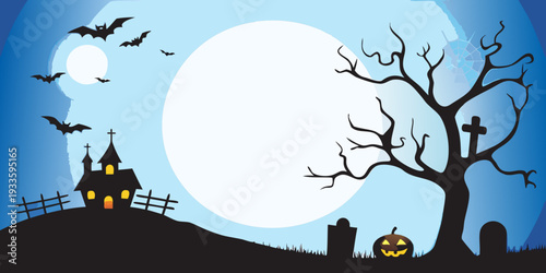 A spooky halloween scene with a full moon and silhouetted elements