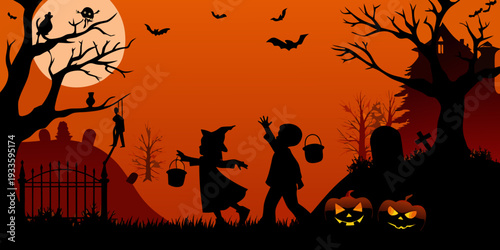 Halloween night scene with trick or treaters bats and a spooky graveyard