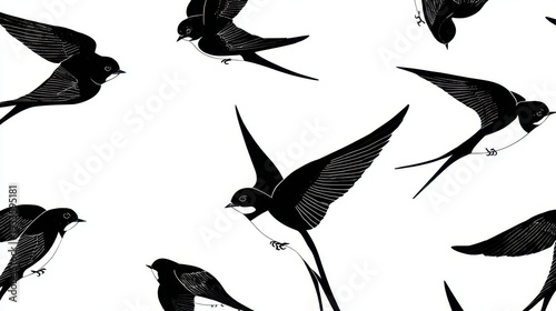 Elegant Black Swallows in Flight Against a White Background, Perfect for Minimalist Designs or Nature-Inspired Projects Featuring Birds and Natural Elements