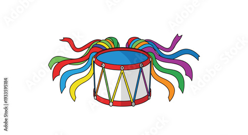 A brightly colored cartoon snare drum with red, green, yellow, blue, and purple ribbons is positioned horizontally.