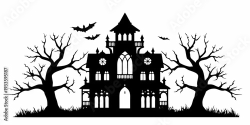 A spooky halloween haunted house silhouette with surrounding bare trees
