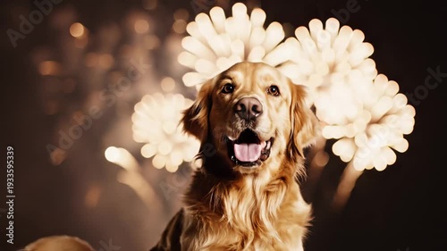 Golden retriever blissfully enjoying vibrant fireworks display at night