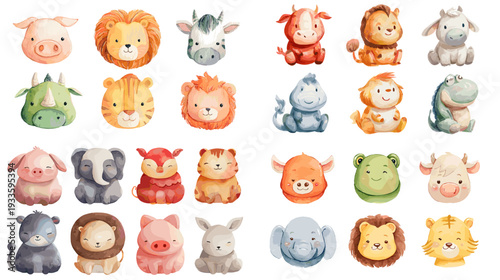 Cute watercolor farm and wild animal faces collection with soft pastel colors. Adorable hand painted character set for nursery prints, children books, stickers and baby decor.