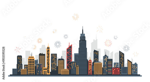 A stylized cityscape illustration features various skyscrapers and buildings with colorful fireworks exploding in the sky above them.