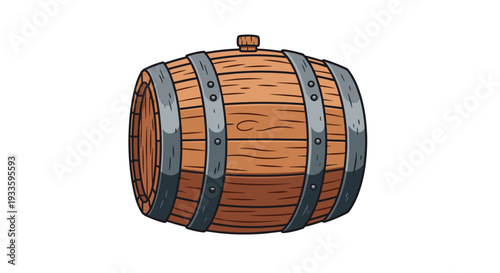 A cartoonish wooden barrel with metal bands and a stopper is depicted lying horizontally on its side against a white background.