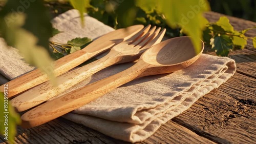 Sunlit wooden cutlery on rustic table in natural setting emphasizing ecofriendly dining