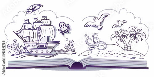 An open book revealing a whimsical scene of pirates sea creatures and islands