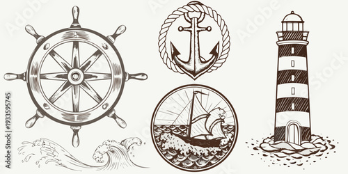 Nautical themed sketches including a ship s wheel anchor and lighthouse