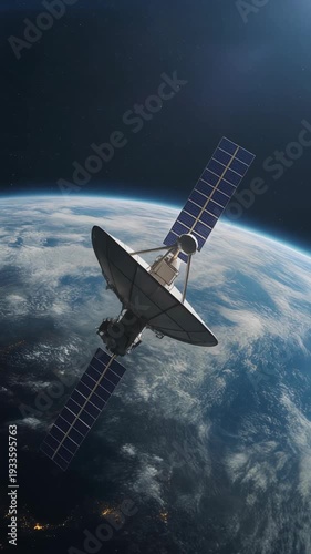 Communication satellite with large dish antenna orbiting Earth in space, digital rendering.