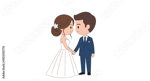 A cute cartoon illustration shows a bride in a white strapless dress and a groom in a blue suit looking at each other affectionately while holding hands.