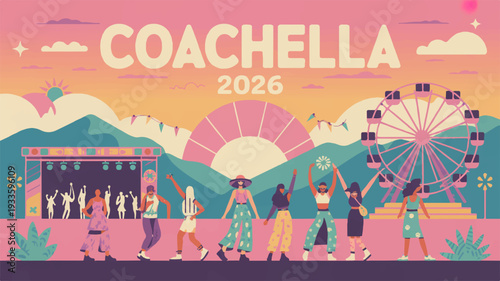 Coachella 2026 spring festival poster with people dancing at sunset music event