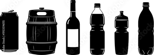 Beverage container silhouettes set, aluminum can wooden barrel wine bottle plastic water and soda bottles, black drink packaging collection isolated background