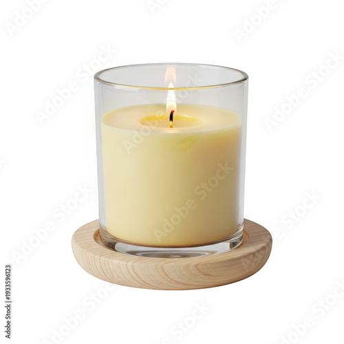 A lit candle in a glass jar on a wooden plate isolated on transparent background