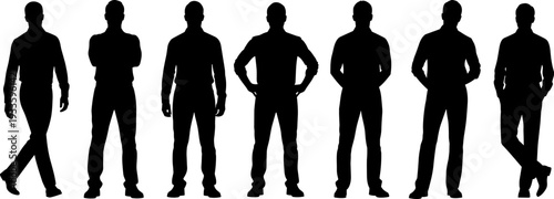 Business men silhouettes set, standing walking confident male figures in different poses, black human shadow collection isolated on light background
