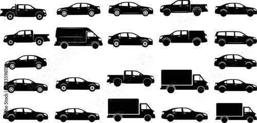 Black vehicle silhouettes collection, cars trucks vans pickup SUV sedan transport icons isolated on gray background automotive transportation fleet set