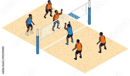 Beach volleyball game with players on sandy court, isometric team sport illustration showing men competing over net in summer tournament