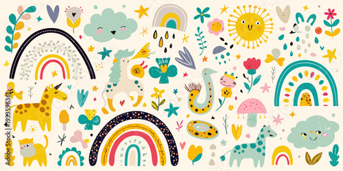 Whimsical illustration of colorful animals rainbows and playful botanical elements