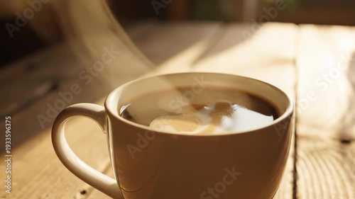 Steaming hot coffee cup on rustic wooden table in sunlight