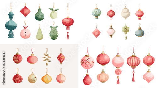 Watercolor hanging lantern set in teal, green and red tones, traditional festival ornaments isolated on white, perfect for Asian holiday decor, Lunar New Year themes, invitations and posters.