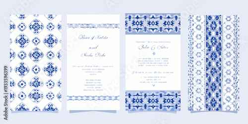 Elegant wedding invitation design with blue and white tile patterns