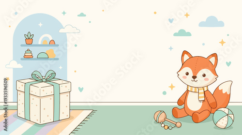 Charming cartoon fox sitting with a gift and toys in a nursery, evoking a sense of joy and playfulness