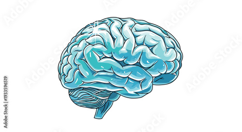 A highly stylized, shiny, and translucent blue human brain is depicted in a three-quarter view, showcasing intricate folds and subtle light reflections.