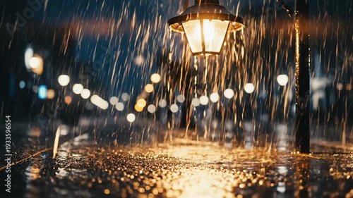 Moody night rainfall illuminated by warm lights on wet urban street