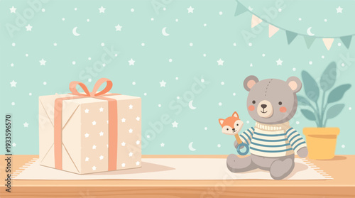 Cuddly teddy bear holding toy fox next to gift box on rug