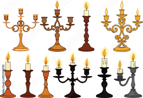 "Collection of ten candle holders with lit candles in ornate and simple designs, featuring gold, bronze, black, and gray styles for decorative art and design"
