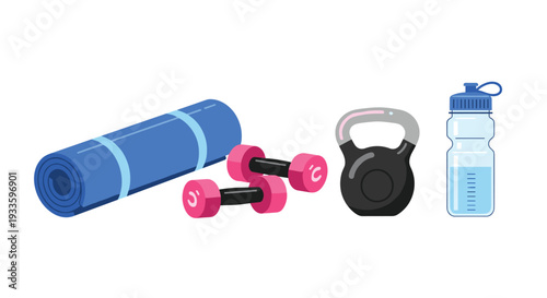 A blue yoga mat, two pink dumbbells, a black kettlebell, and a blue water bottle are neatly arranged in a linear fashion on a clean white background.