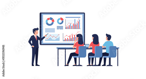 A male presenter stands beside a large screen displaying business analytics, addressing three seated individuals at a long table in a minimalist meeting room setting.